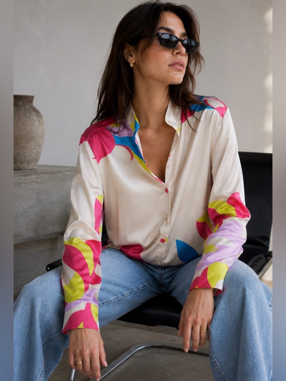 The Drop Long Sleeve Abstract Print Blouse Cream Multi-Color Size Small